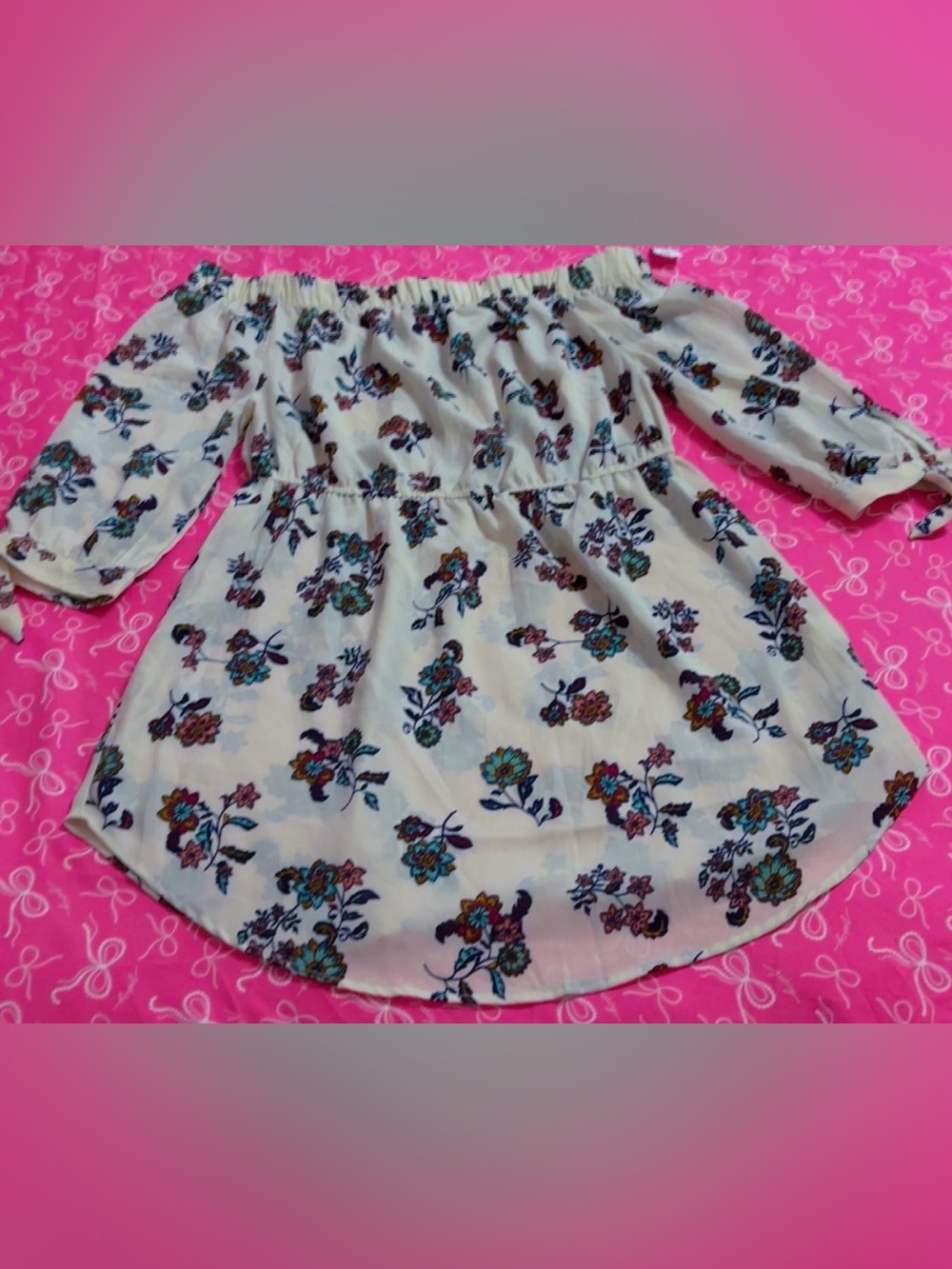 Blush Cream Floral Off-Shoulder Mini Dress with Blue and Pink Prints